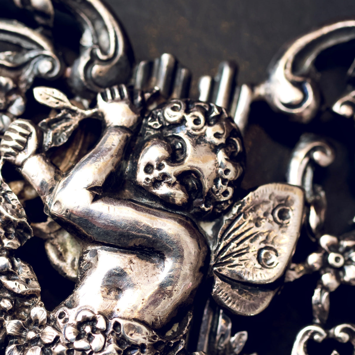 Elaborate Date 1895 Large Silver Cherub Buckle