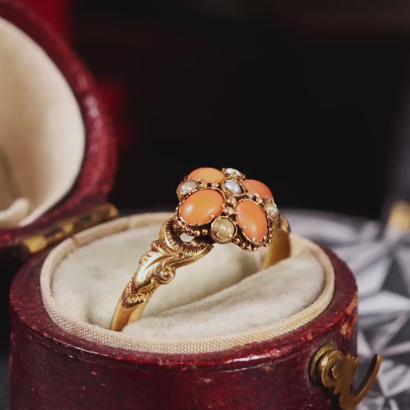 Antique Date 1876 Coral & Seed Pearl Flowerette Ring