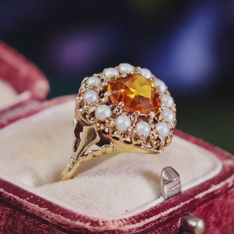 Heart Shaped Gold, Citrine & Pearl Cocktail Ring