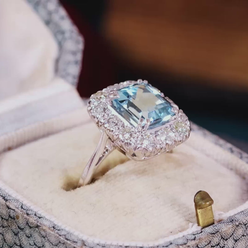 Vintage Aquamarine & Diamond Cluster Ring