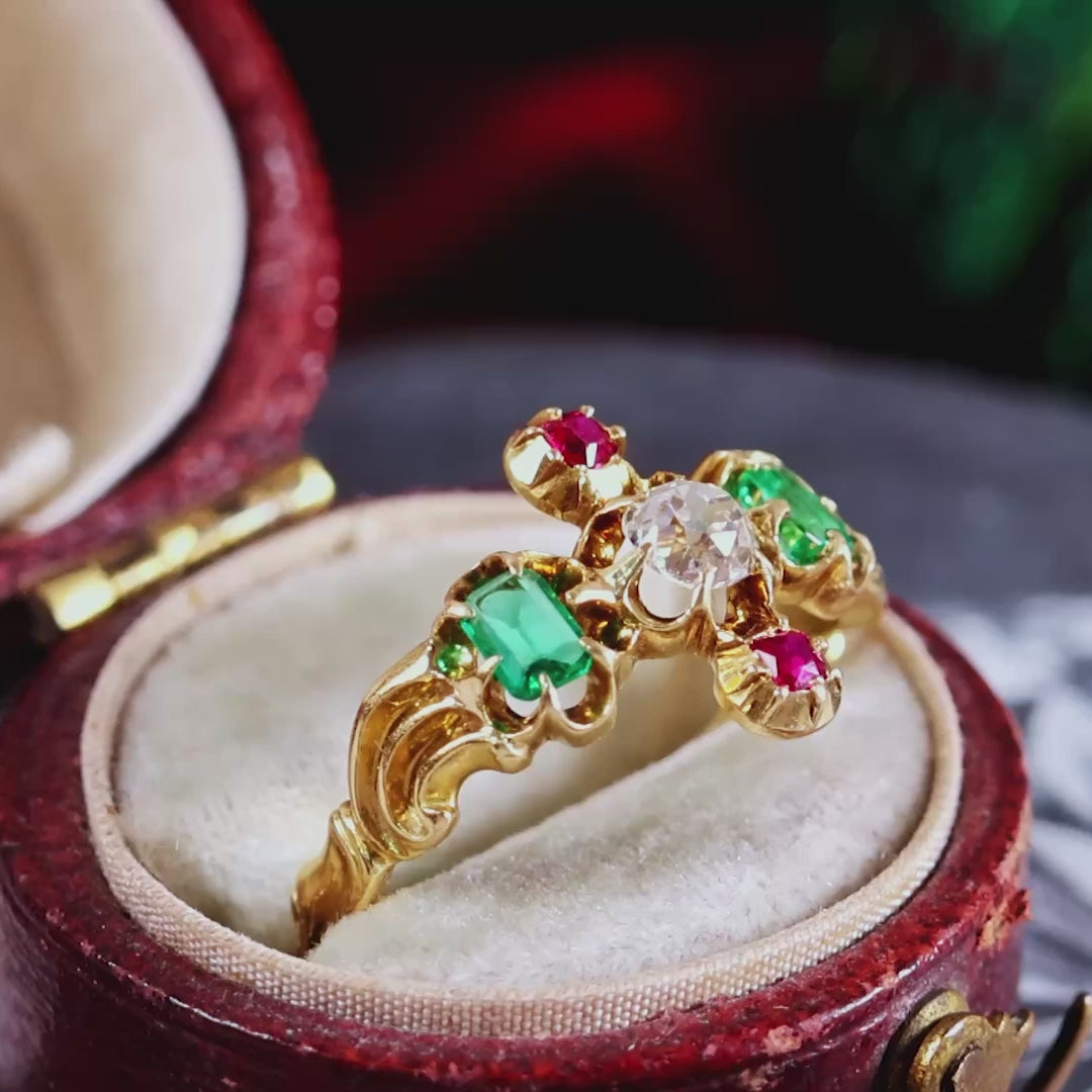 Antique Georgian Diamond, Ruby & Emerald Gold Ring