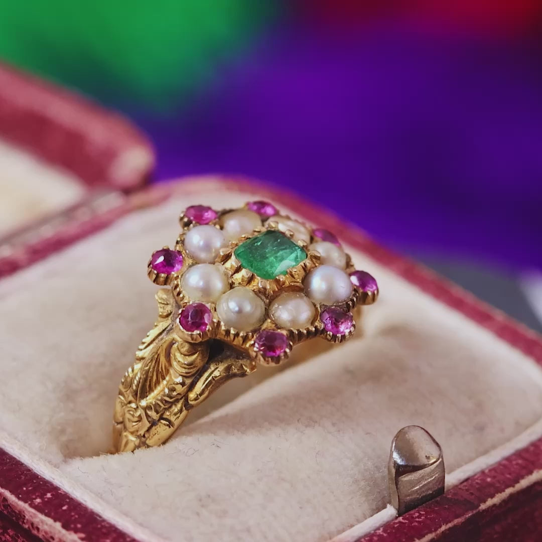 Exquisite Antique Georgian Emerald, Pearl and Ruby Ring