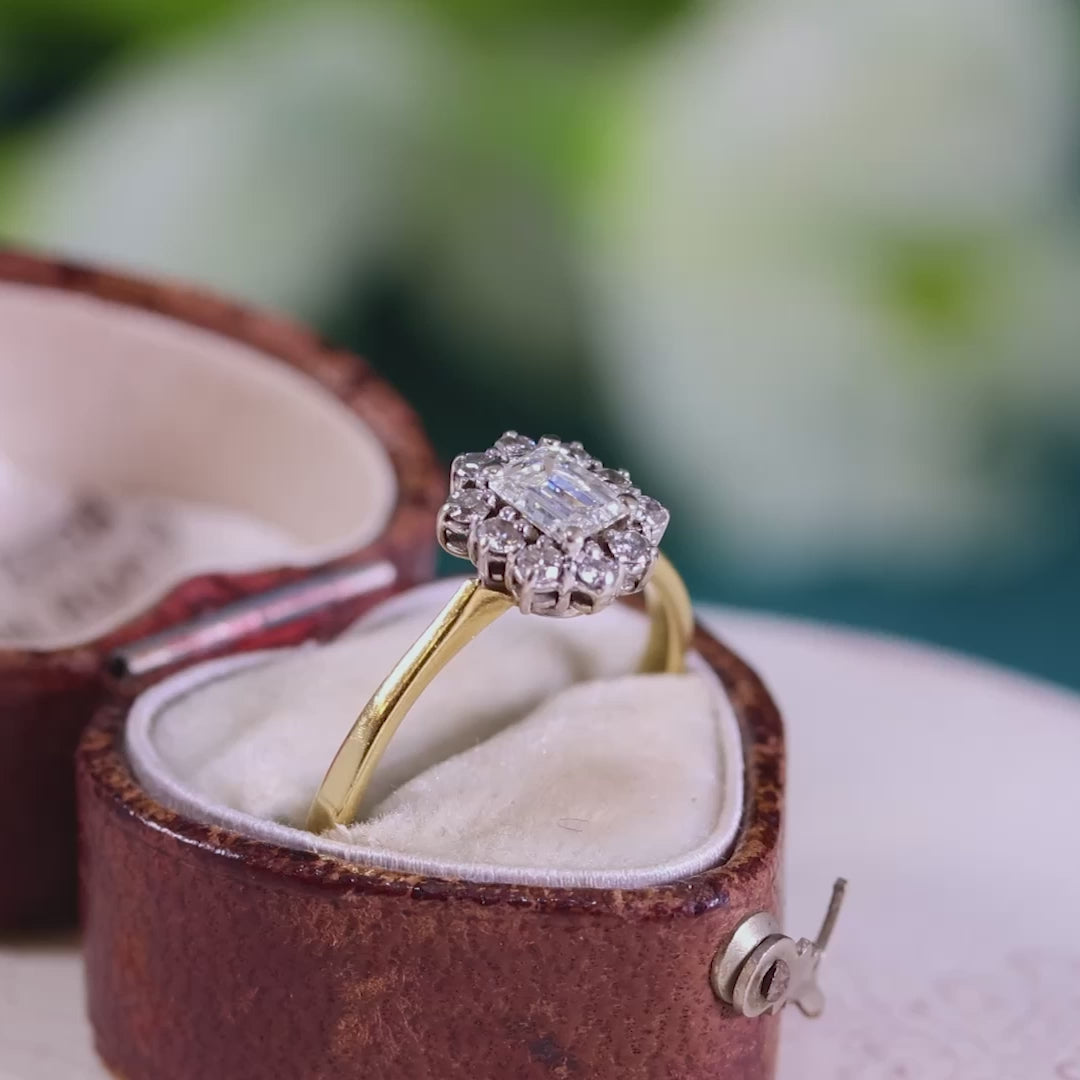 Date 1990 Emerald-Cut Diamond Cluster Engagement Ring