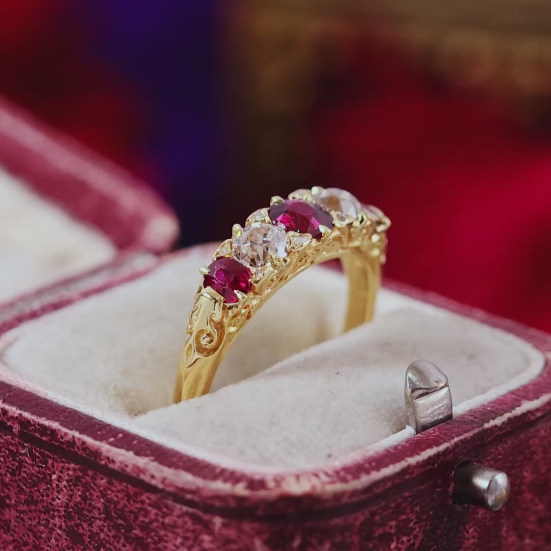 Antique Date 1890 Carved Hoop Ruby & Diamond Engagement Ring