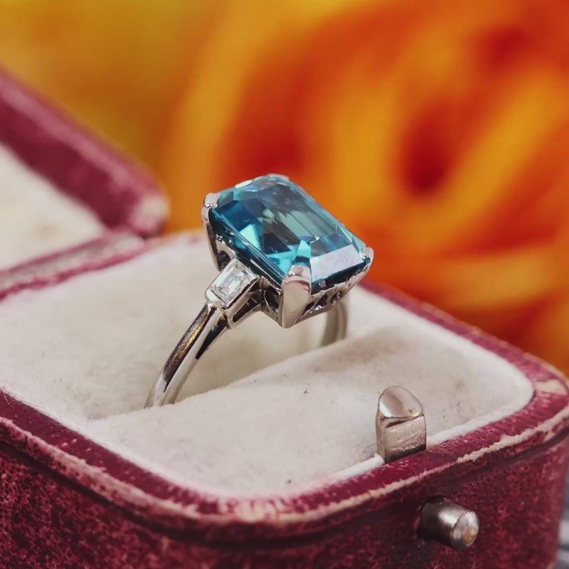 Vintage Blue Zircon & Diamond Platinum Ring