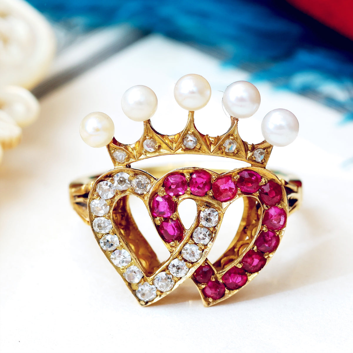 Extravagant Antique Crowned Ruby & Diamond Hearts Ring