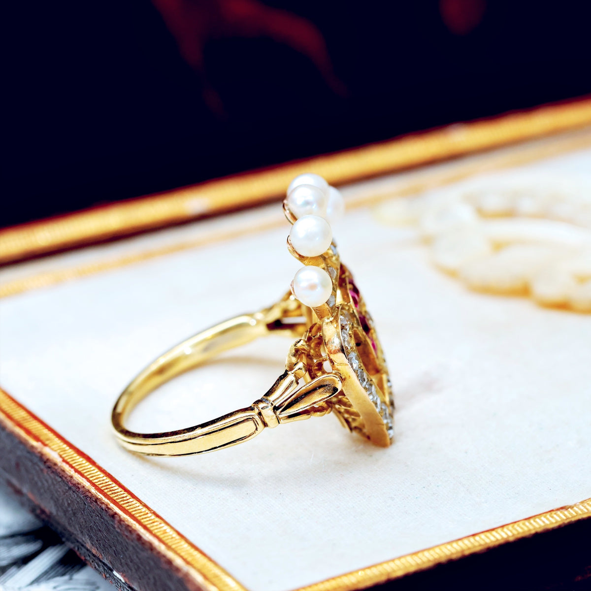 Extravagant Antique Crowned Ruby & Diamond Hearts Ring