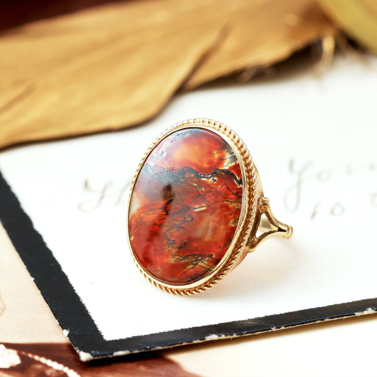 Vintage Date 1975 Unisex Moss Agate Ring