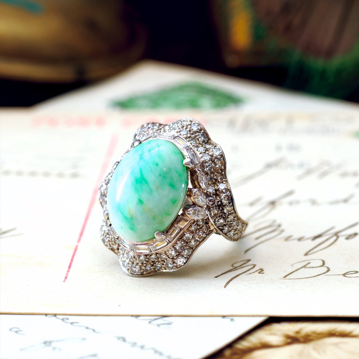 Vintage 1960's Moss in Snow Jadeite & Diamond Ballerina Ring