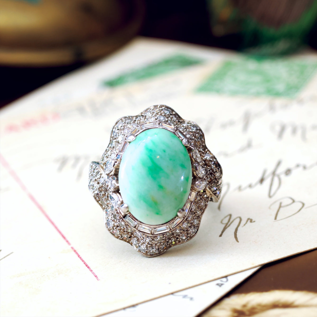 Vintage 1960's Moss in Snow Jadeite & Diamond Ballerina Ring