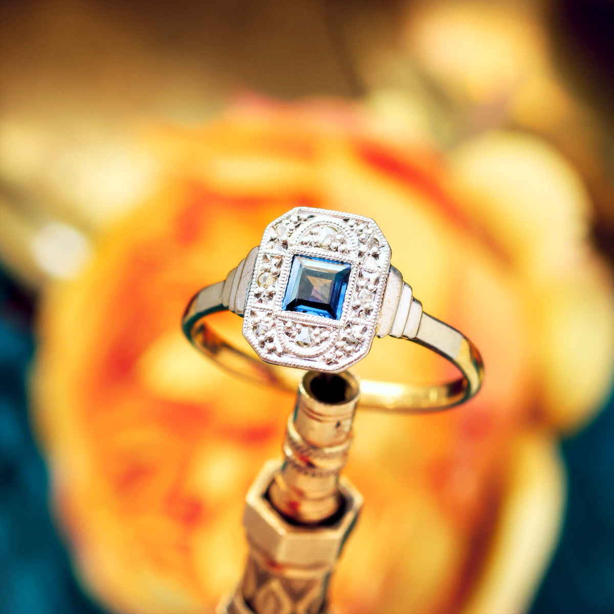 Pristine Art Deco Sapphire & Diamond Cluster Ring