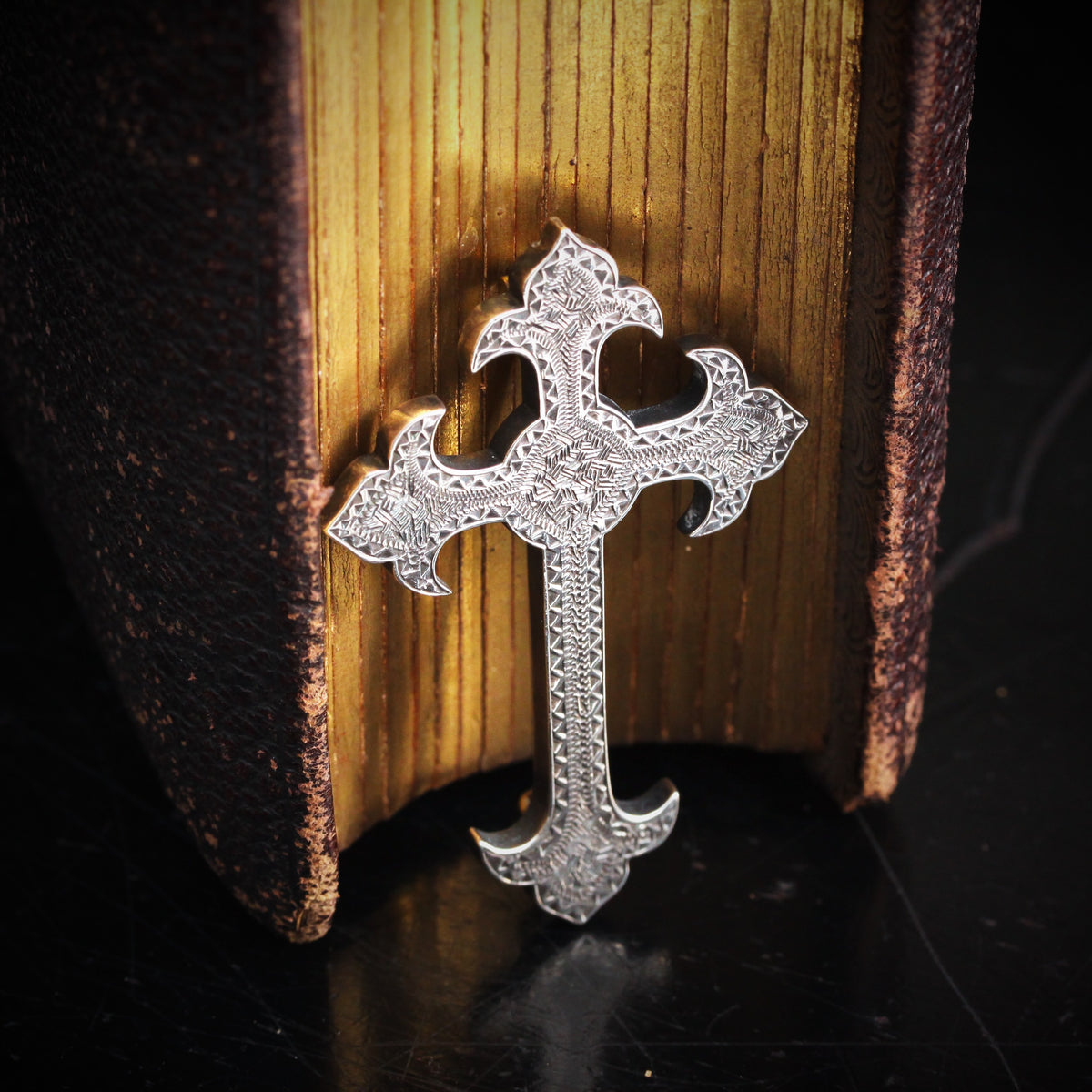 Antique Gothic Revival Silver Cross Brooch