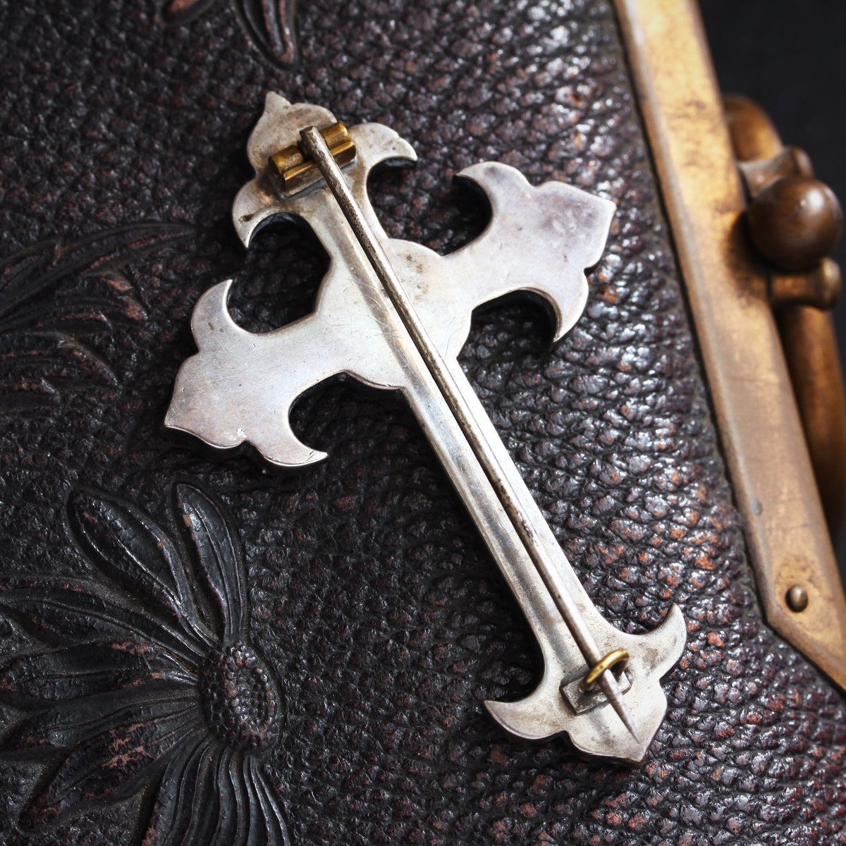 Antique Gothic Revival Silver Cross Brooch