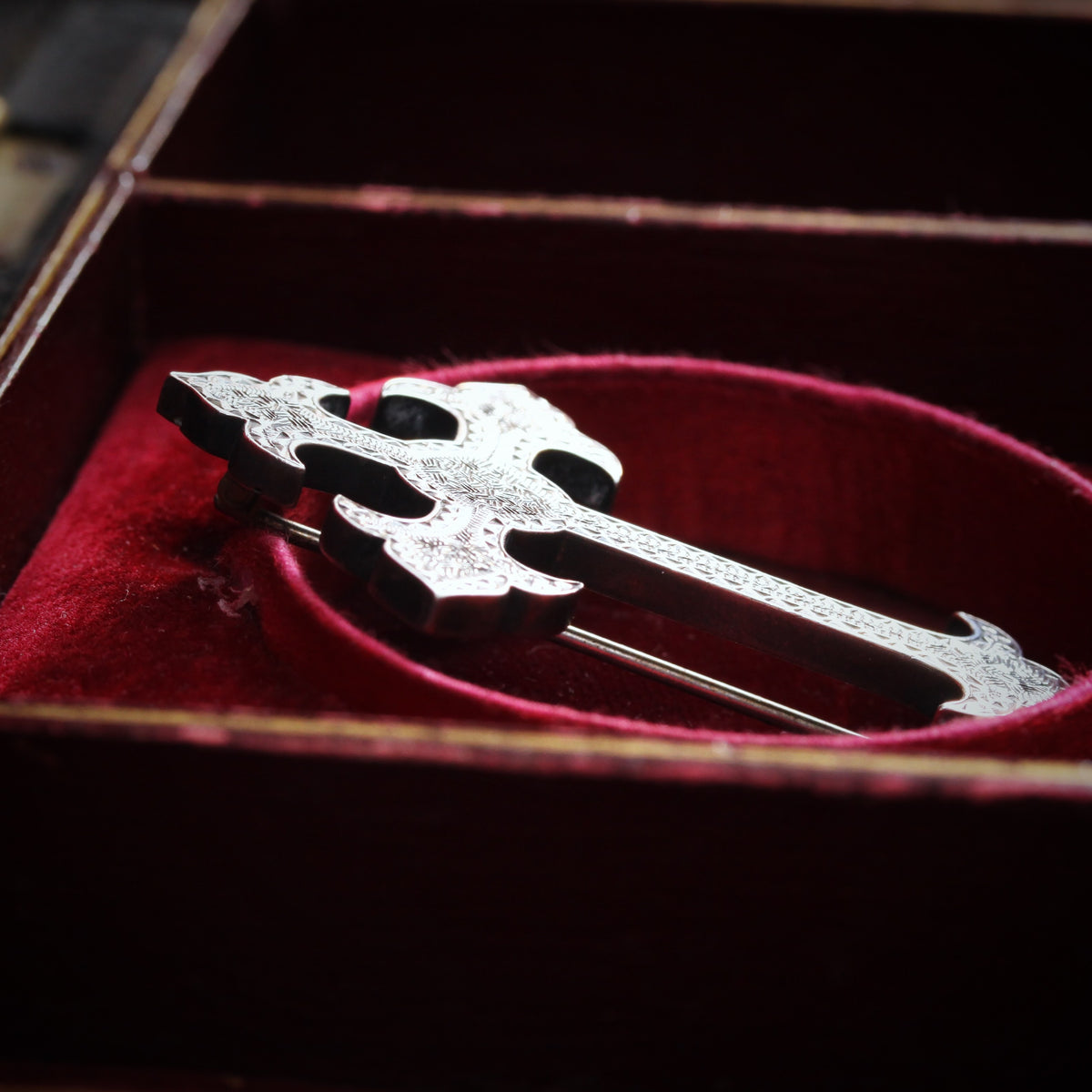 Antique Gothic Revival Silver Cross Brooch