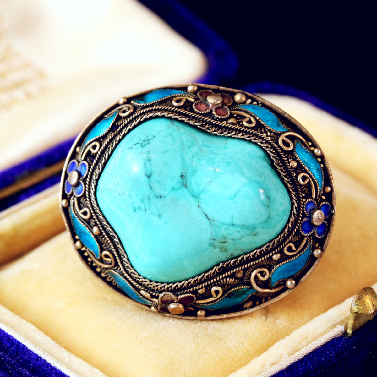 Vintage Natural Turquoise & Enamel Brooch