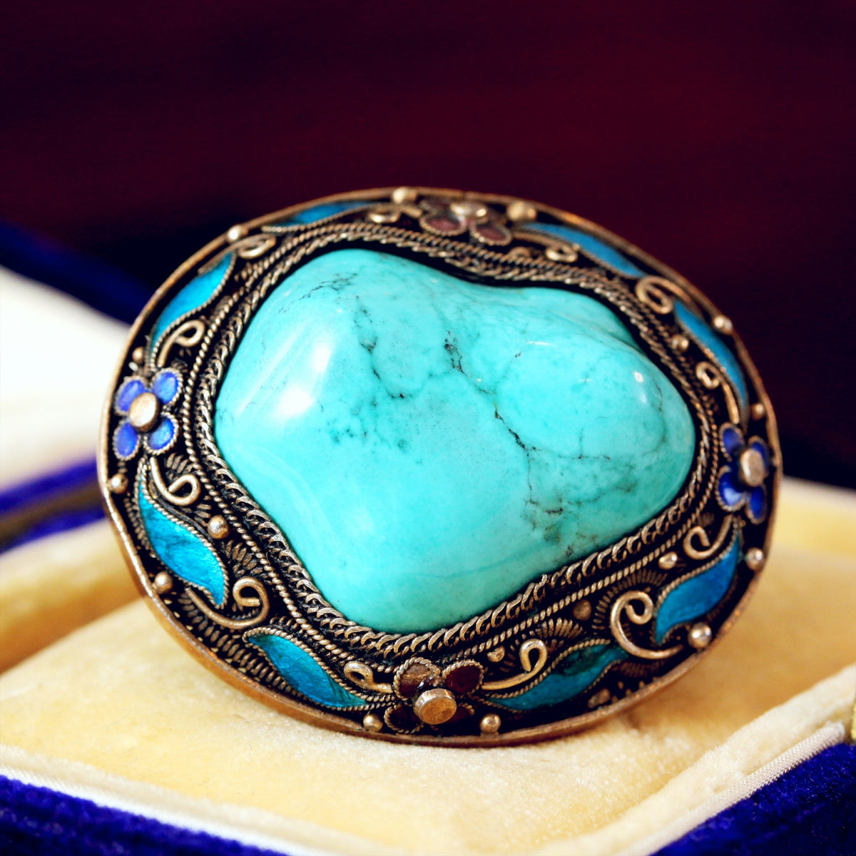 Vintage Natural Turquoise & Enamel Brooch