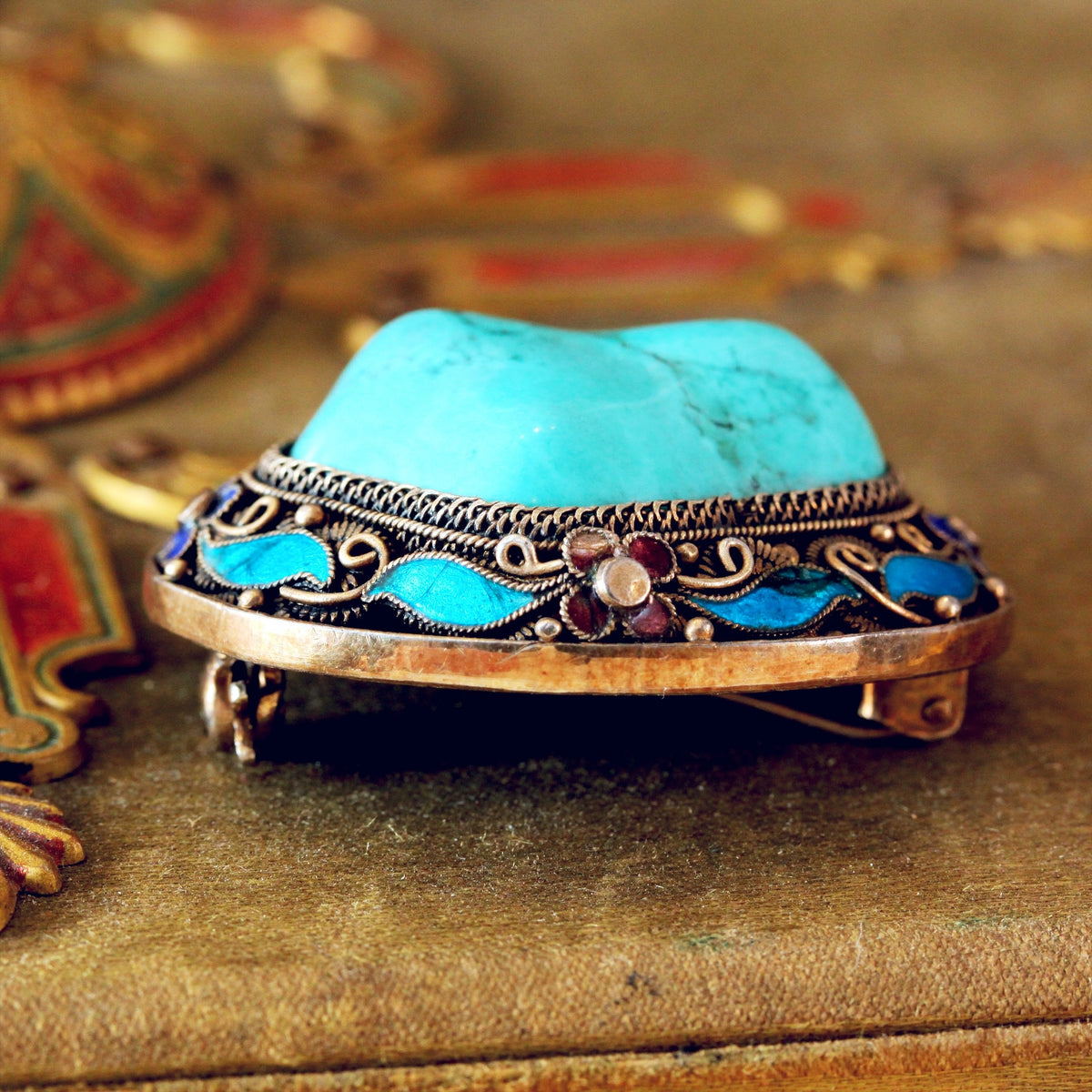 Vintage Natural Turquoise & Enamel Brooch