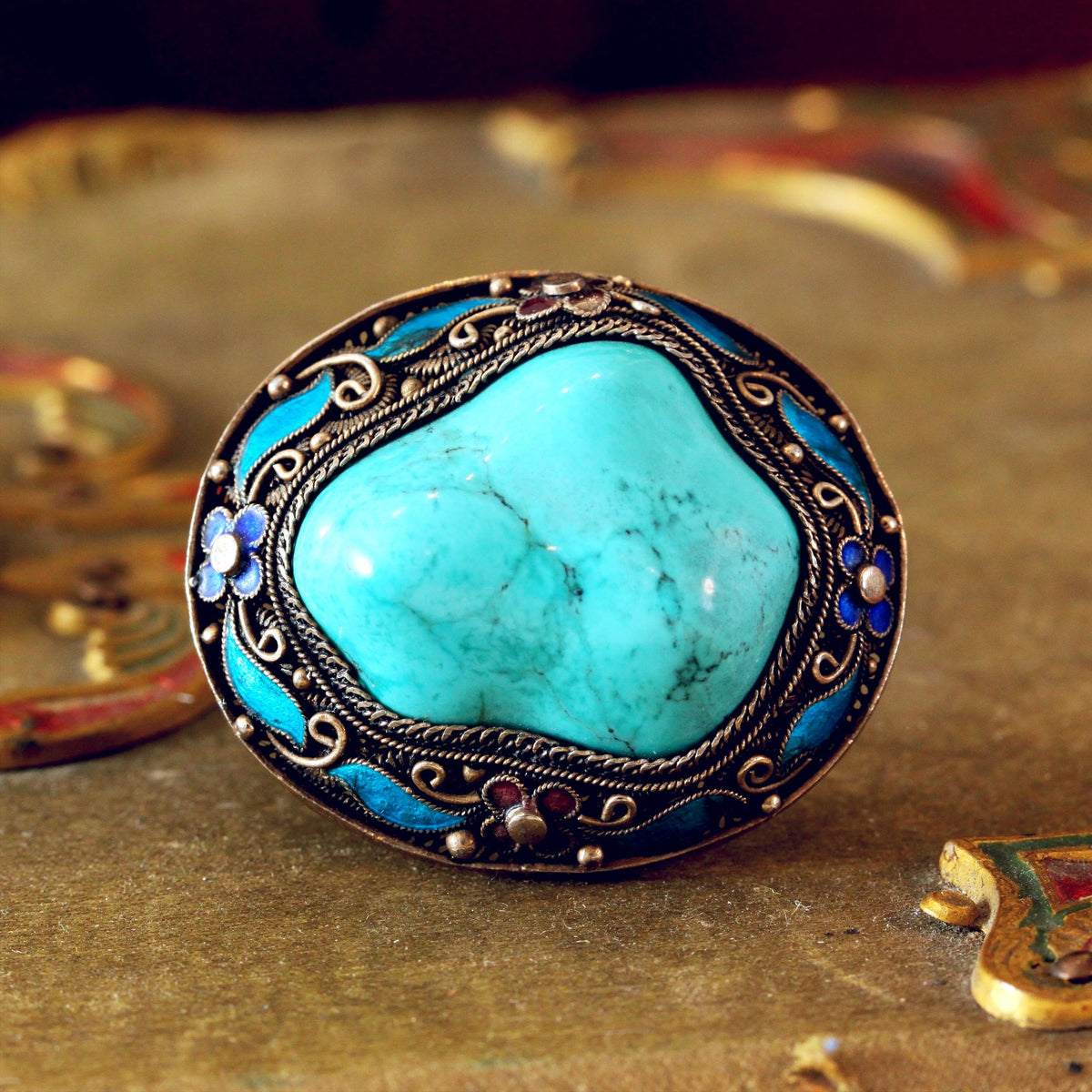 Vintage Natural Turquoise & Enamel Brooch