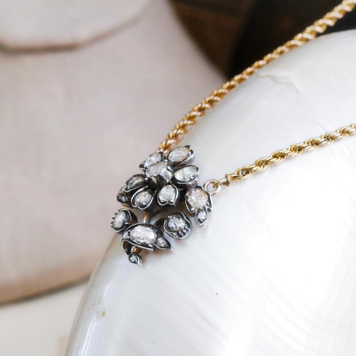 Precious Antique Georgian Floral Rose Cut Diamond Necklace