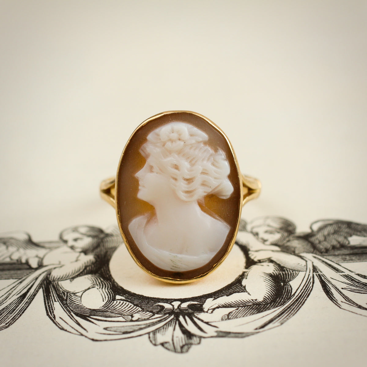 Romantic Antique Edwardian Portrait Shell Cameo Ring