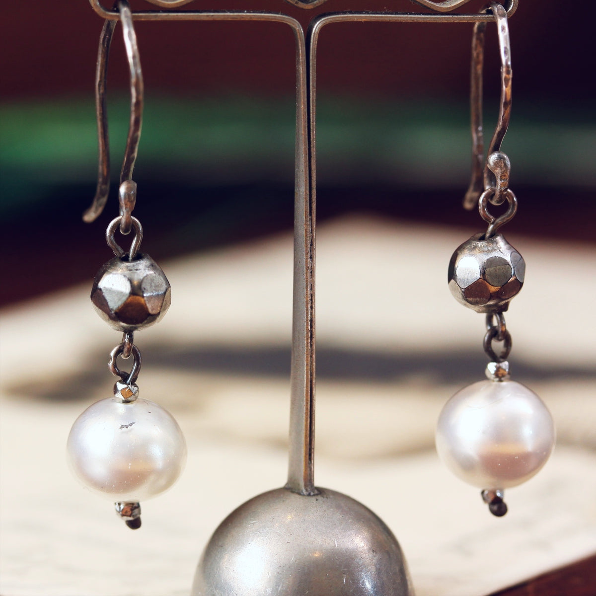 Cut Steel and Hand Blown Glass Pearl Earrings