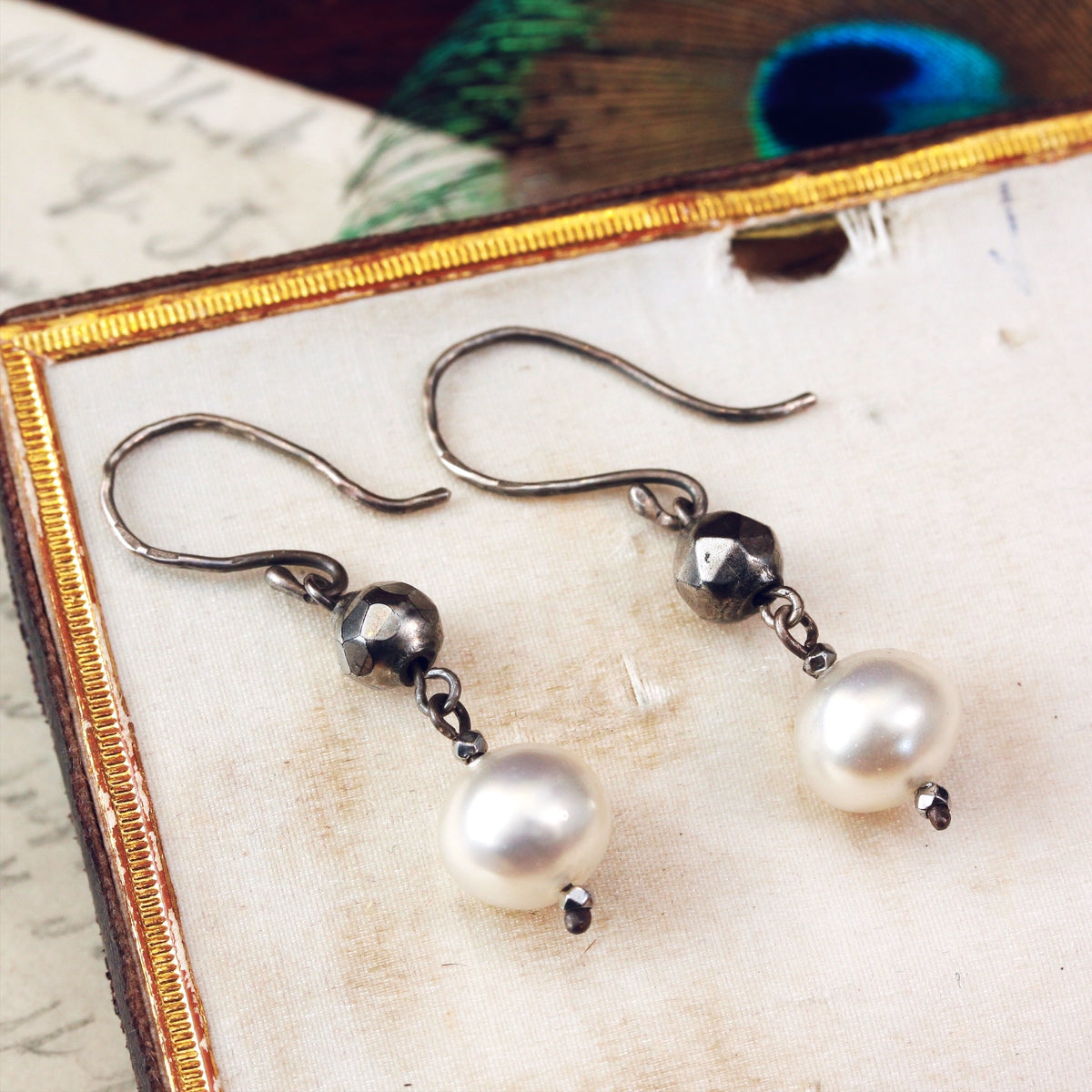 Cut Steel and Hand Blown Glass Pearl Earrings