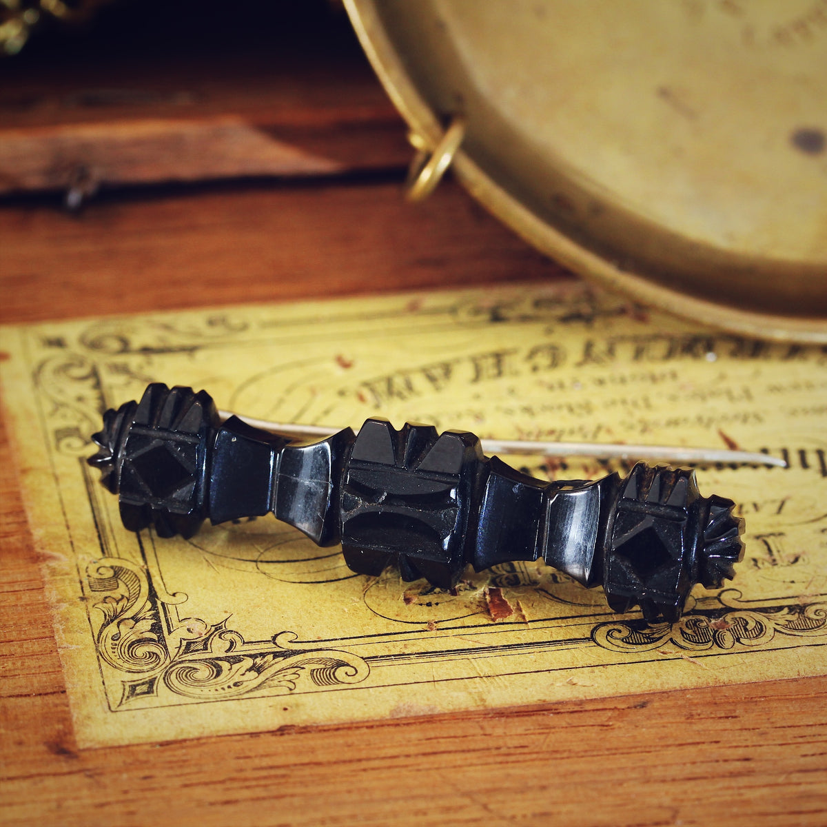 Hand Carved Victorian Whitby Jet Bar Brooch