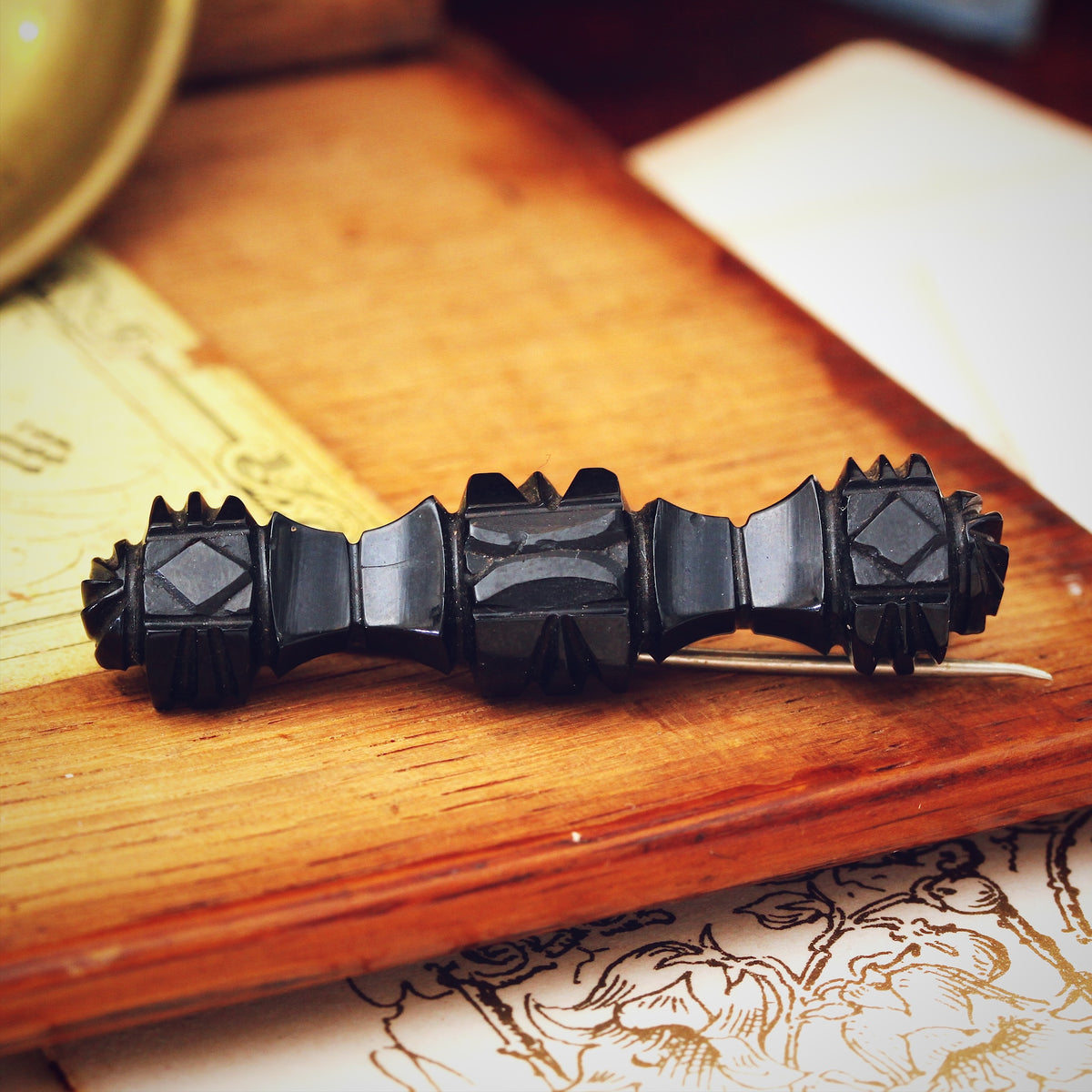 Hand Carved Victorian Whitby Jet Bar Brooch