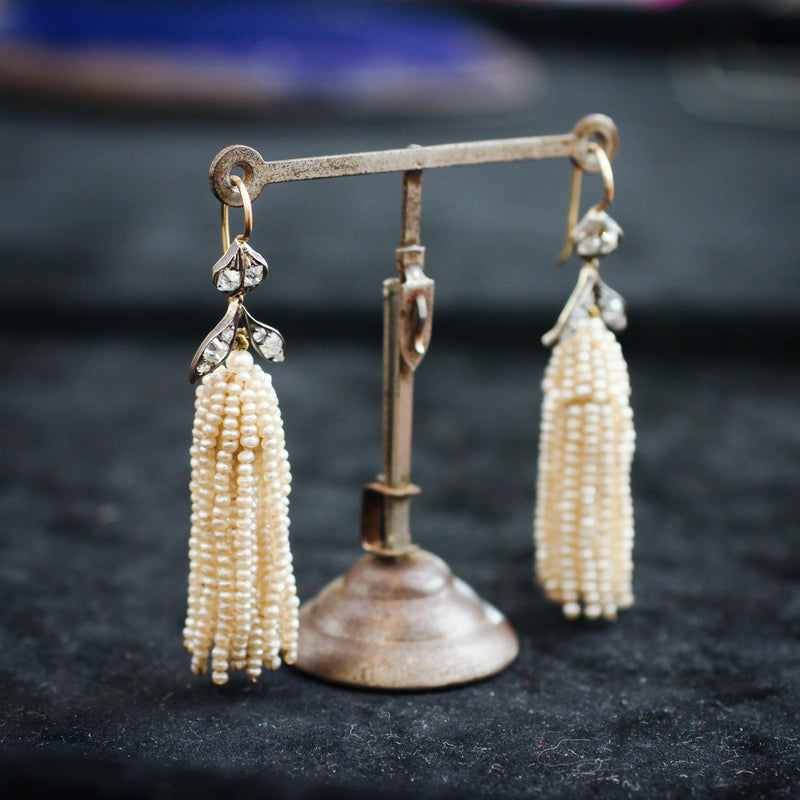 Georgian Natural Seed Pearl & Diamond Pendant Earrings