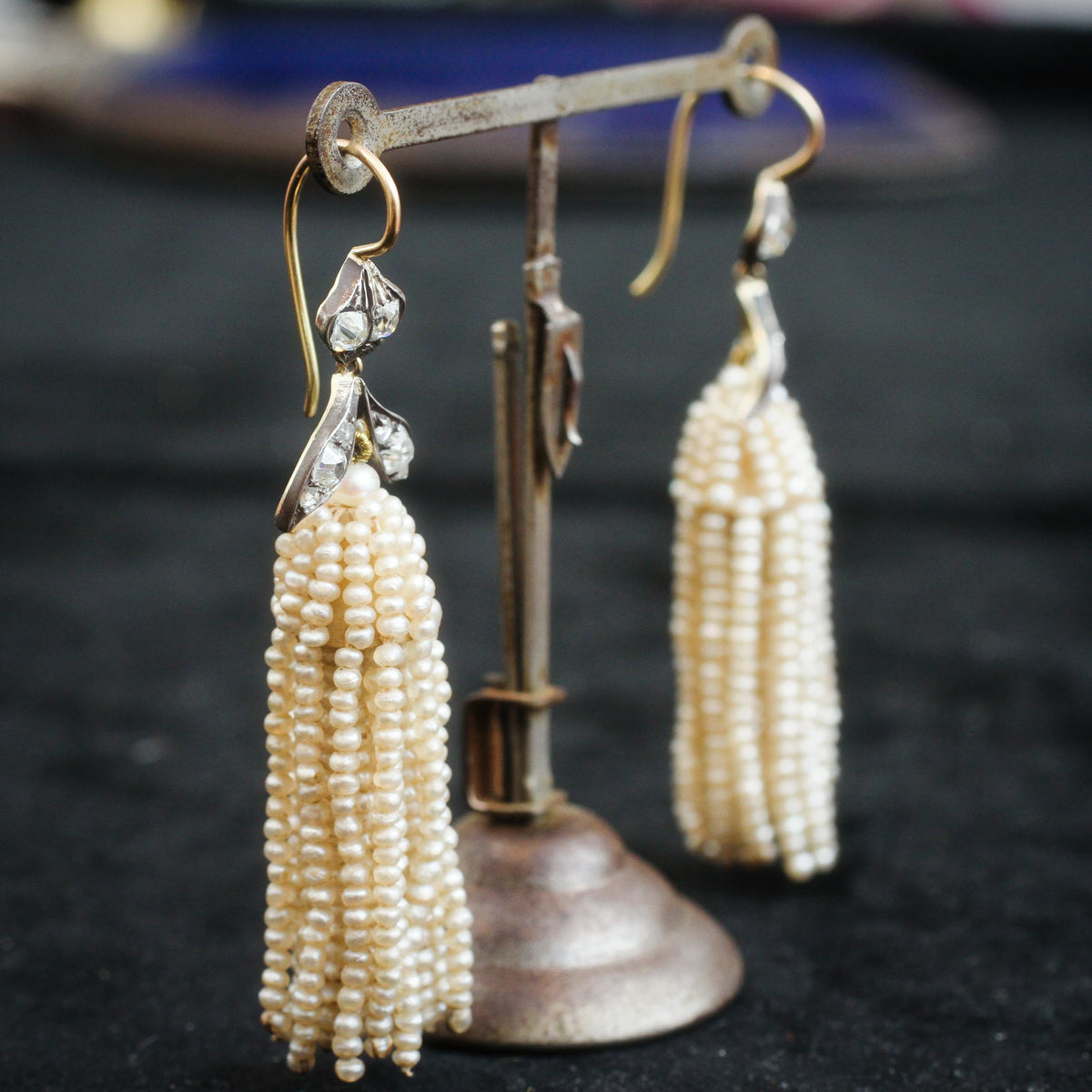 Georgian Natural Seed Pearl & Diamond Pendant Earrings