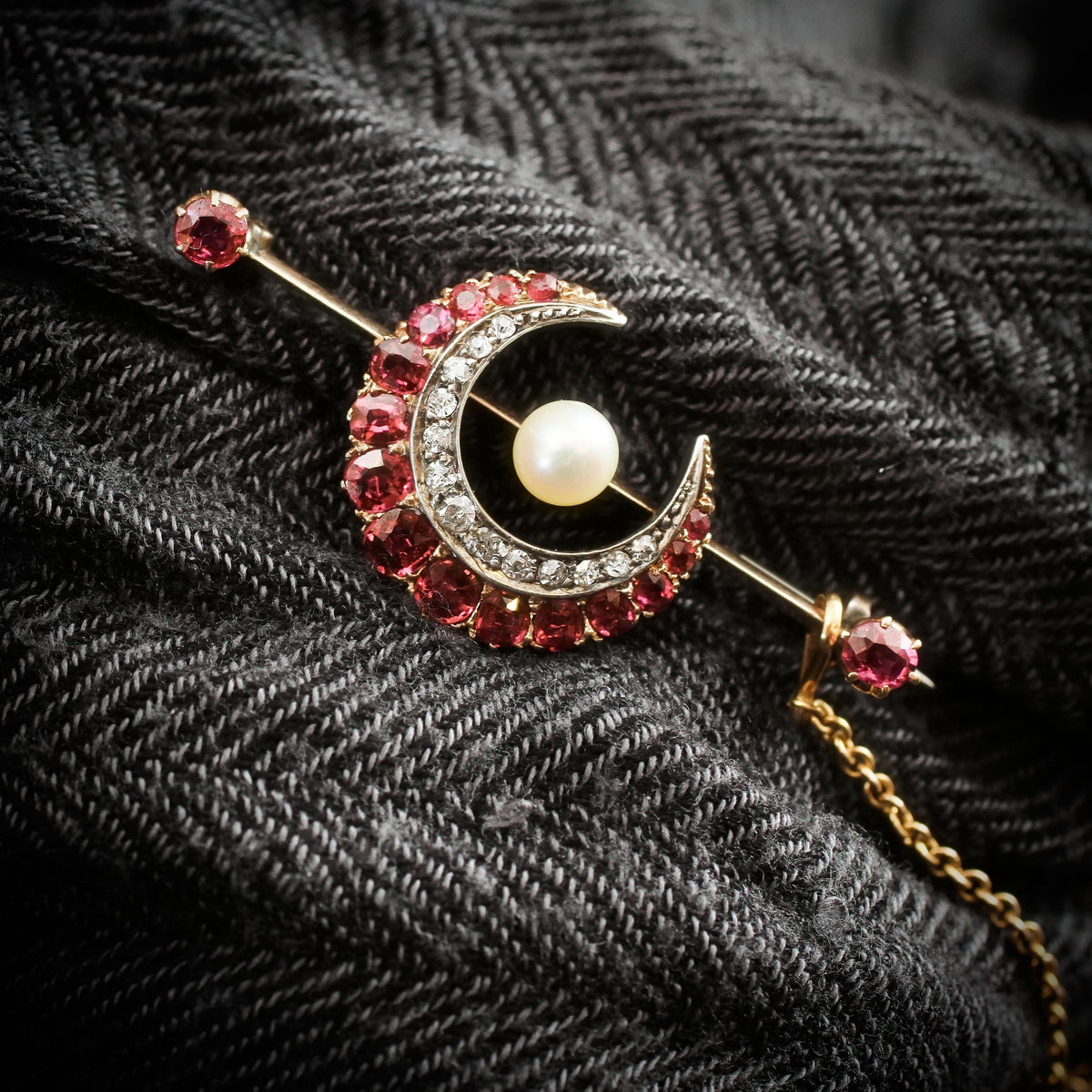 Late Victorian Ruby & Diamond Crescent Honeymoon Brooch