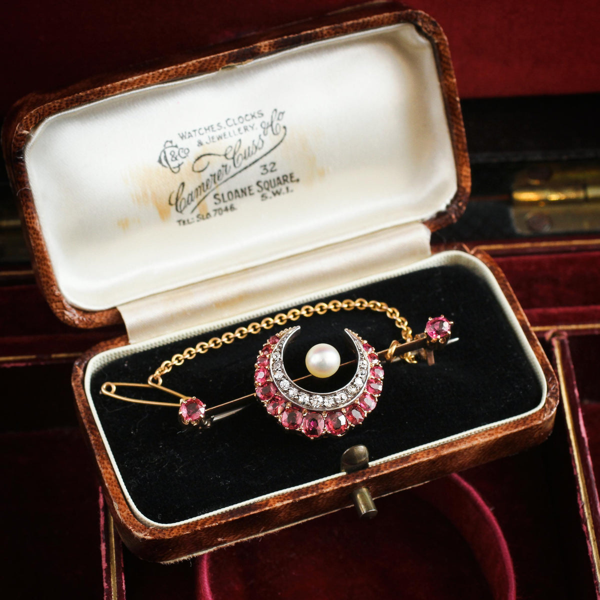 Late Victorian Ruby & Diamond Crescent Honeymoon Brooch