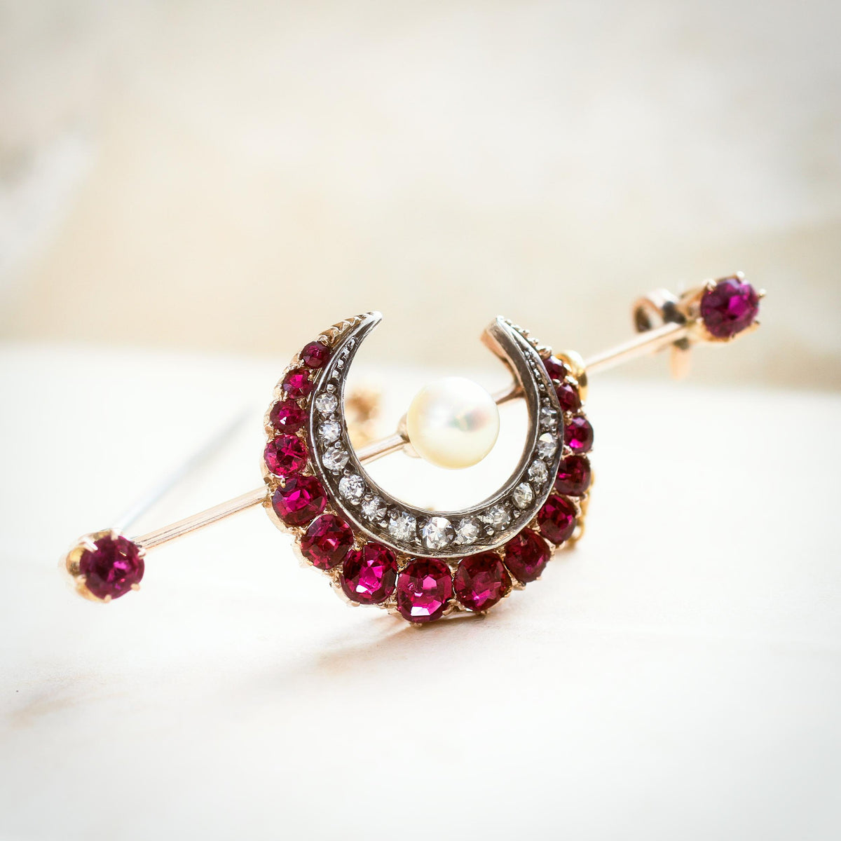 Late Victorian Ruby & Diamond Crescent Honeymoon Brooch