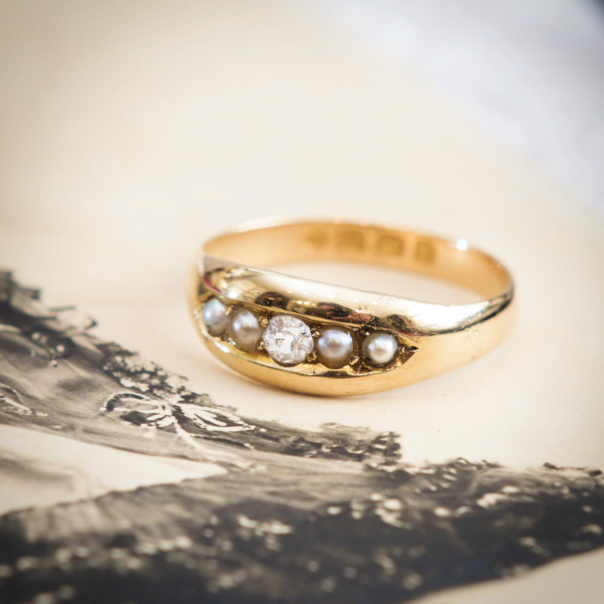 Victorian Date 1888 Pearl and Diamond Band Ring