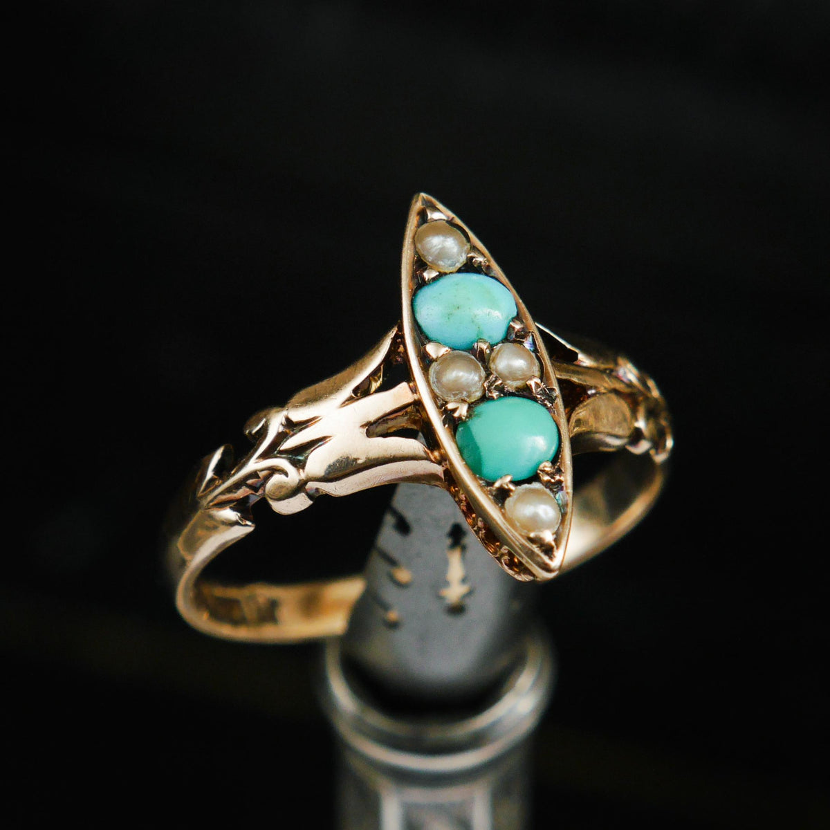 Poetic Art Nouveau Turquoise & Seed Pearl Ring