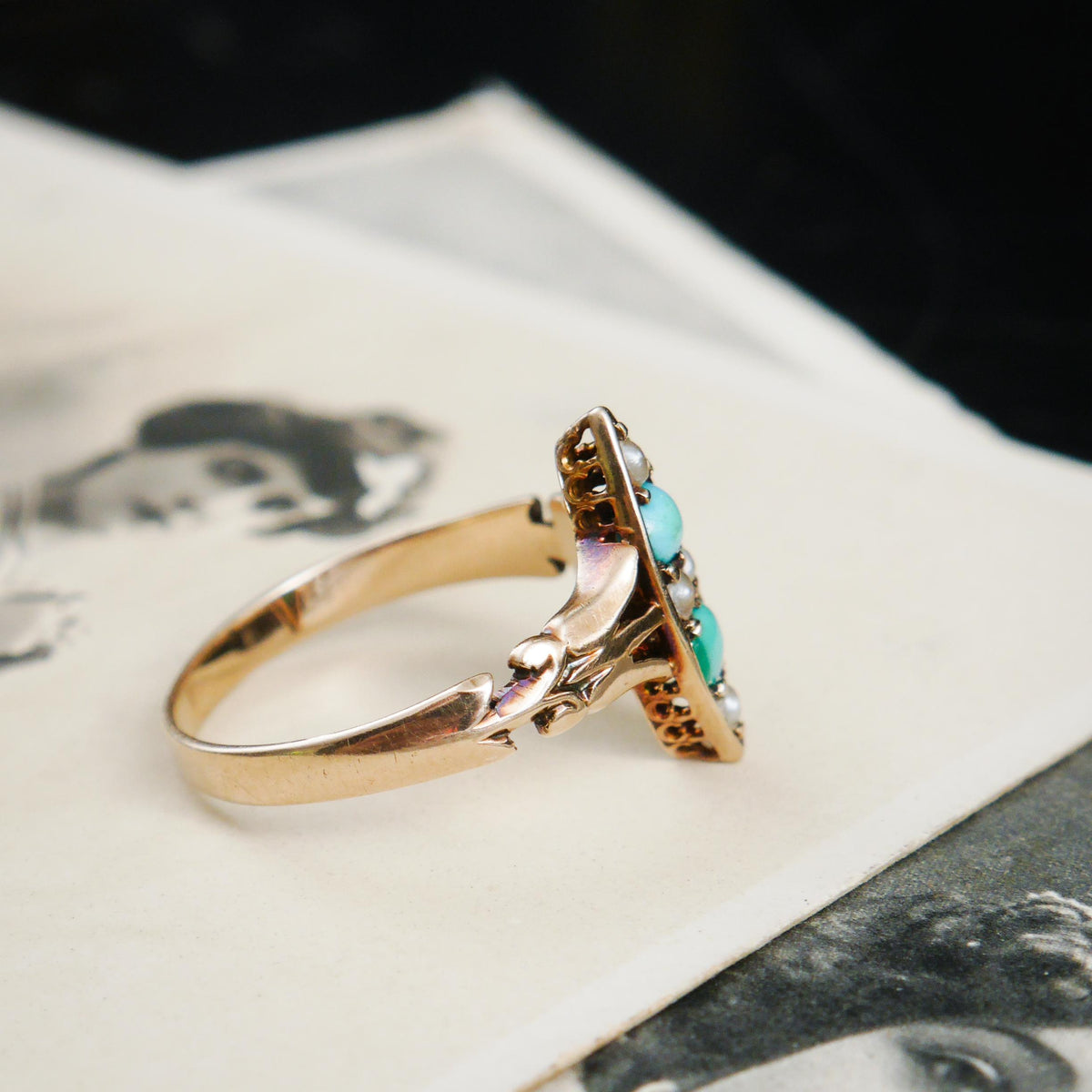 Poetic Art Nouveau Turquoise & Seed Pearl Ring