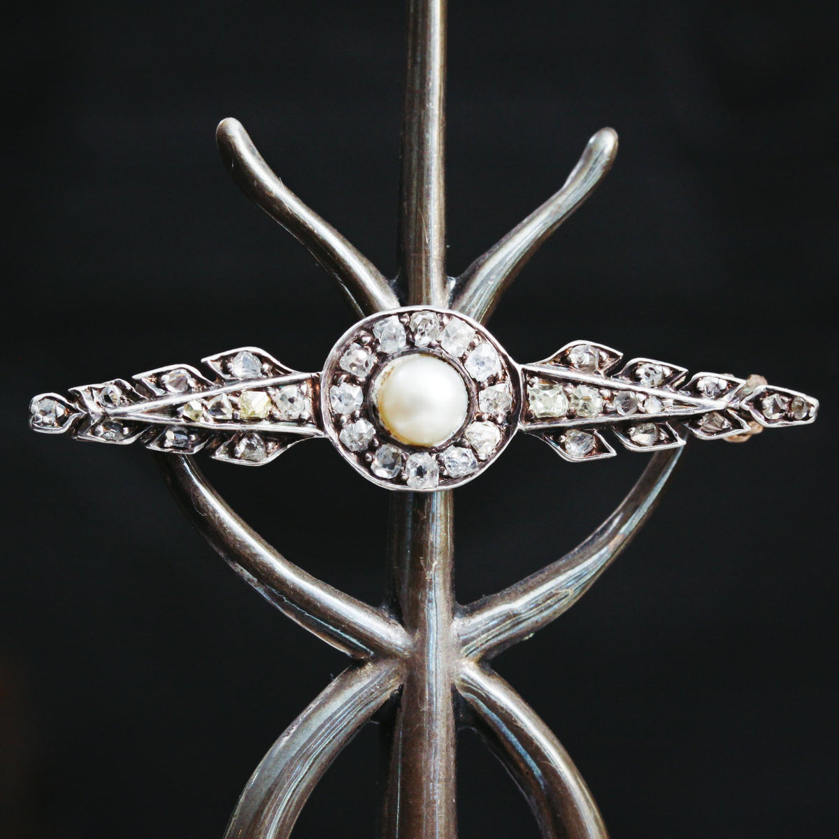 Antique Diamond and Natural Pearl Bar Brooch