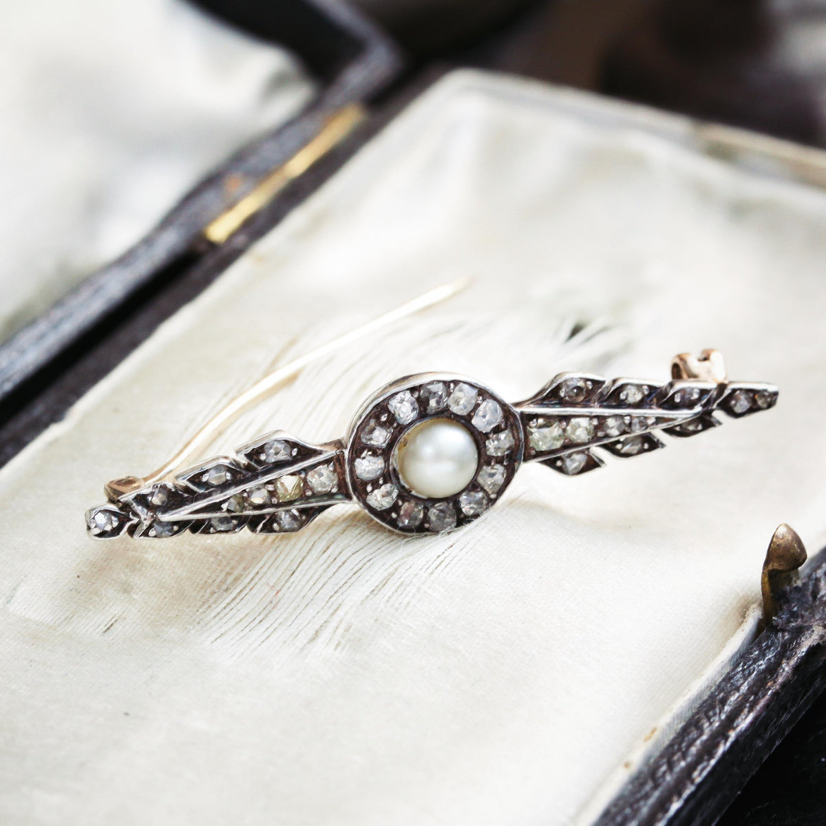 Antique Diamond and Natural Pearl Bar Brooch