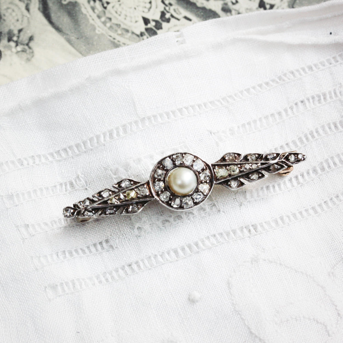 Antique Diamond and Natural Pearl Bar Brooch