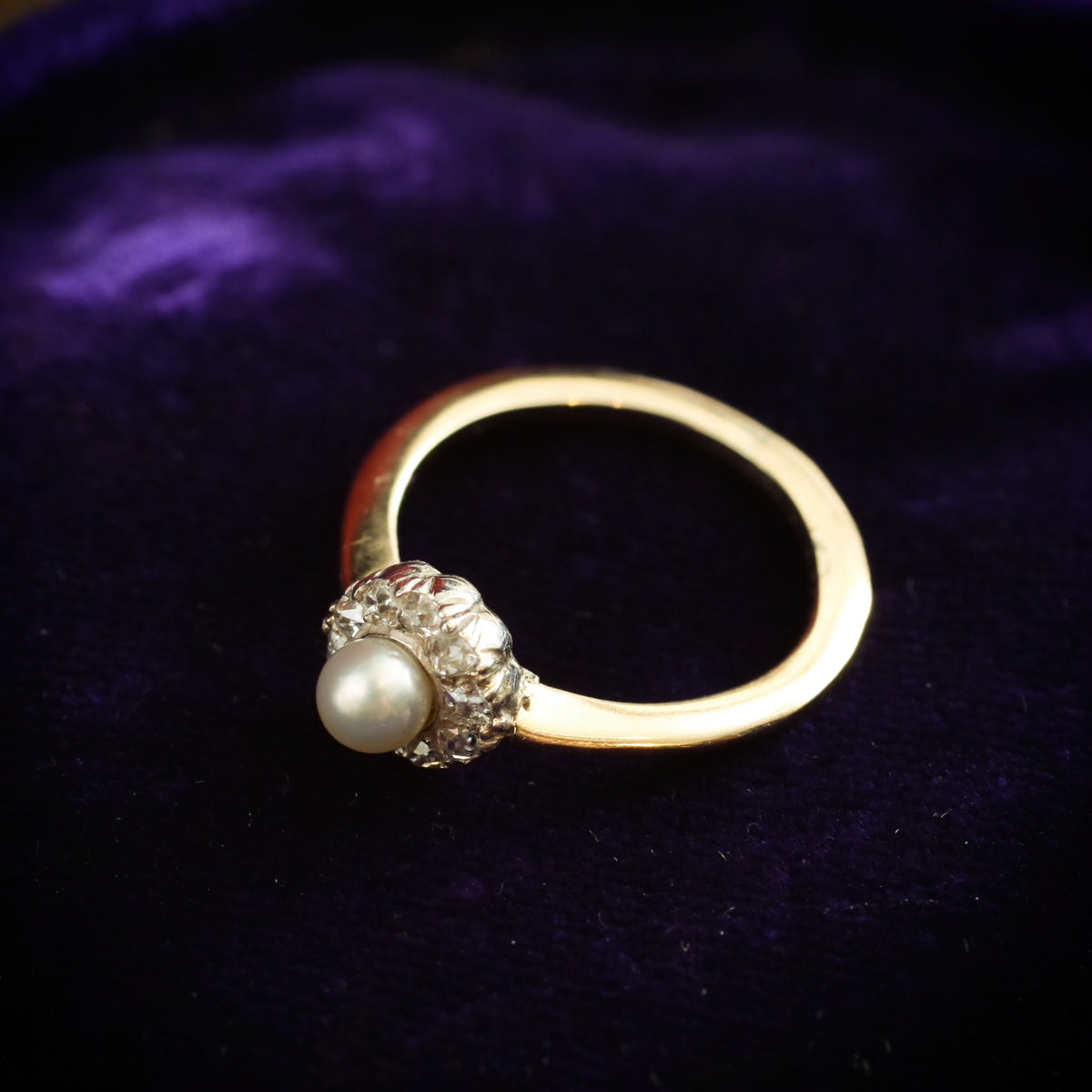 A Sweeet Little Hand Cut Diamond & Natural Pearl Cluster Ring