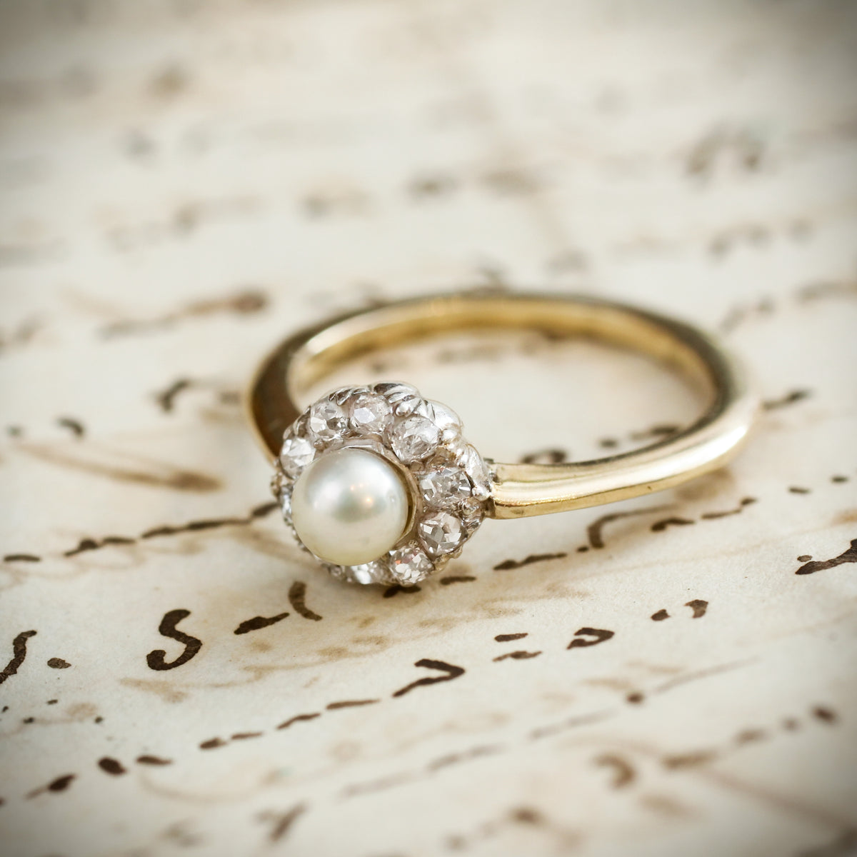 A Sweeet Little Hand Cut Diamond & Natural Pearl Cluster Ring