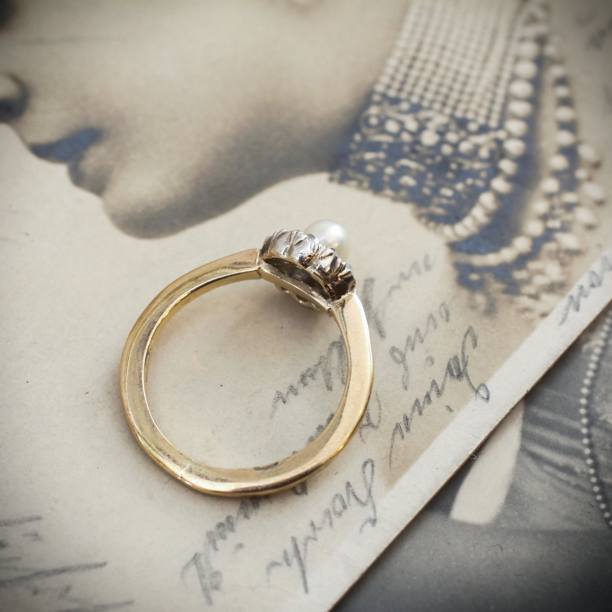 A Sweeet Little Hand Cut Diamond & Natural Pearl Cluster Ring