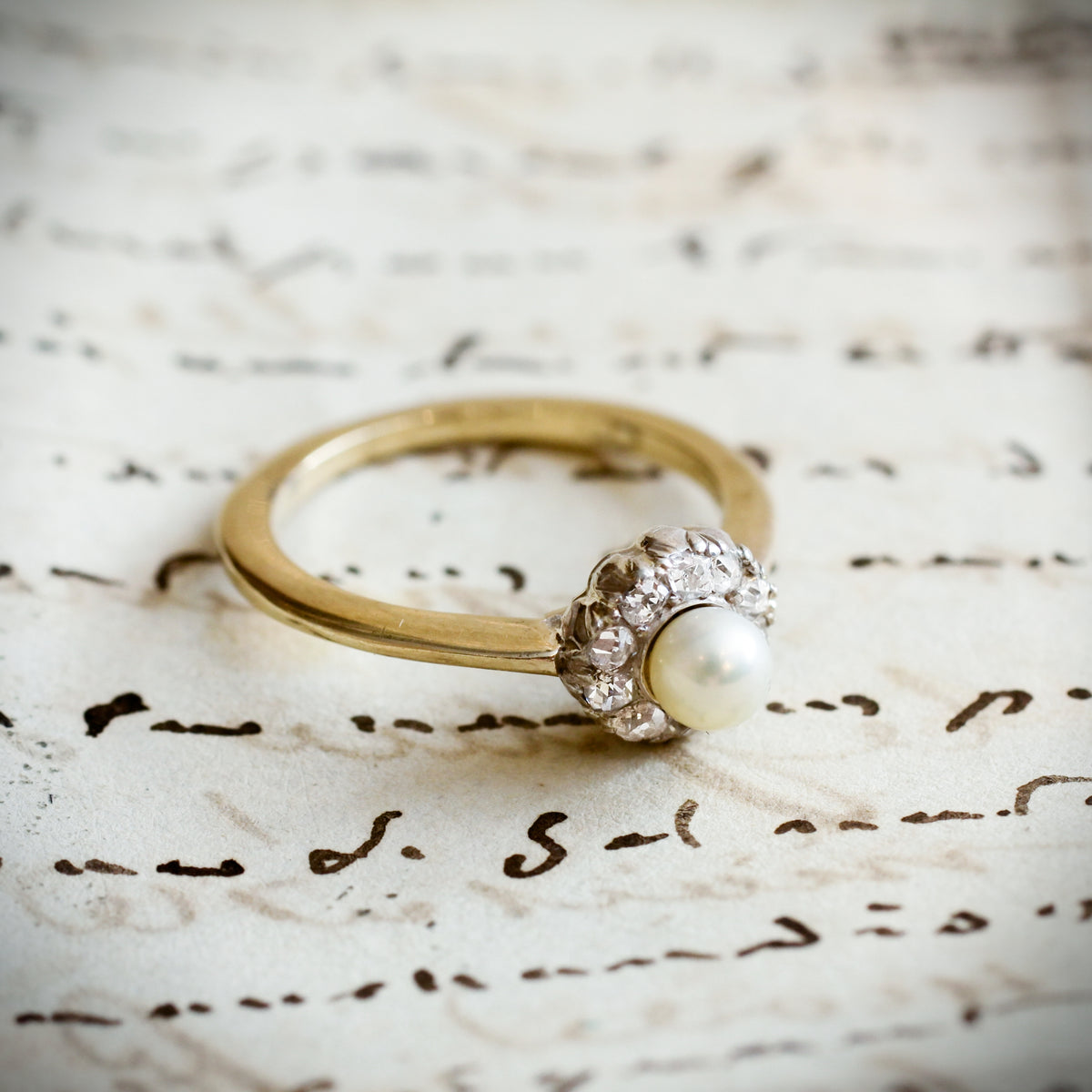 A Sweeet Little Hand Cut Diamond & Natural Pearl Cluster Ring