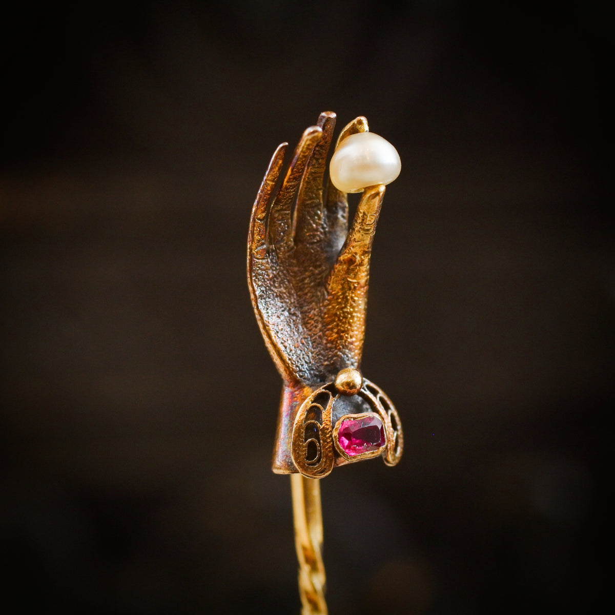 Whimsical Antique Ruby & Pearl Set Hand Stick Pin