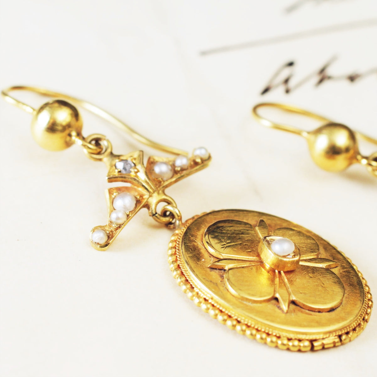 Dreamy Antique 15ct Gold Diamond & Pearl Earrings