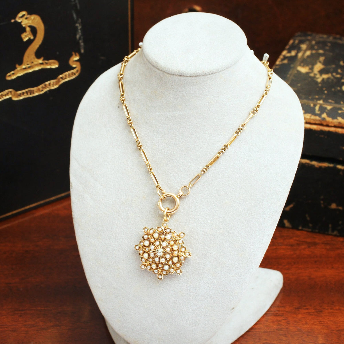 Antique 15ct Gold Seed Pearl & Diamond Pendant and Chain