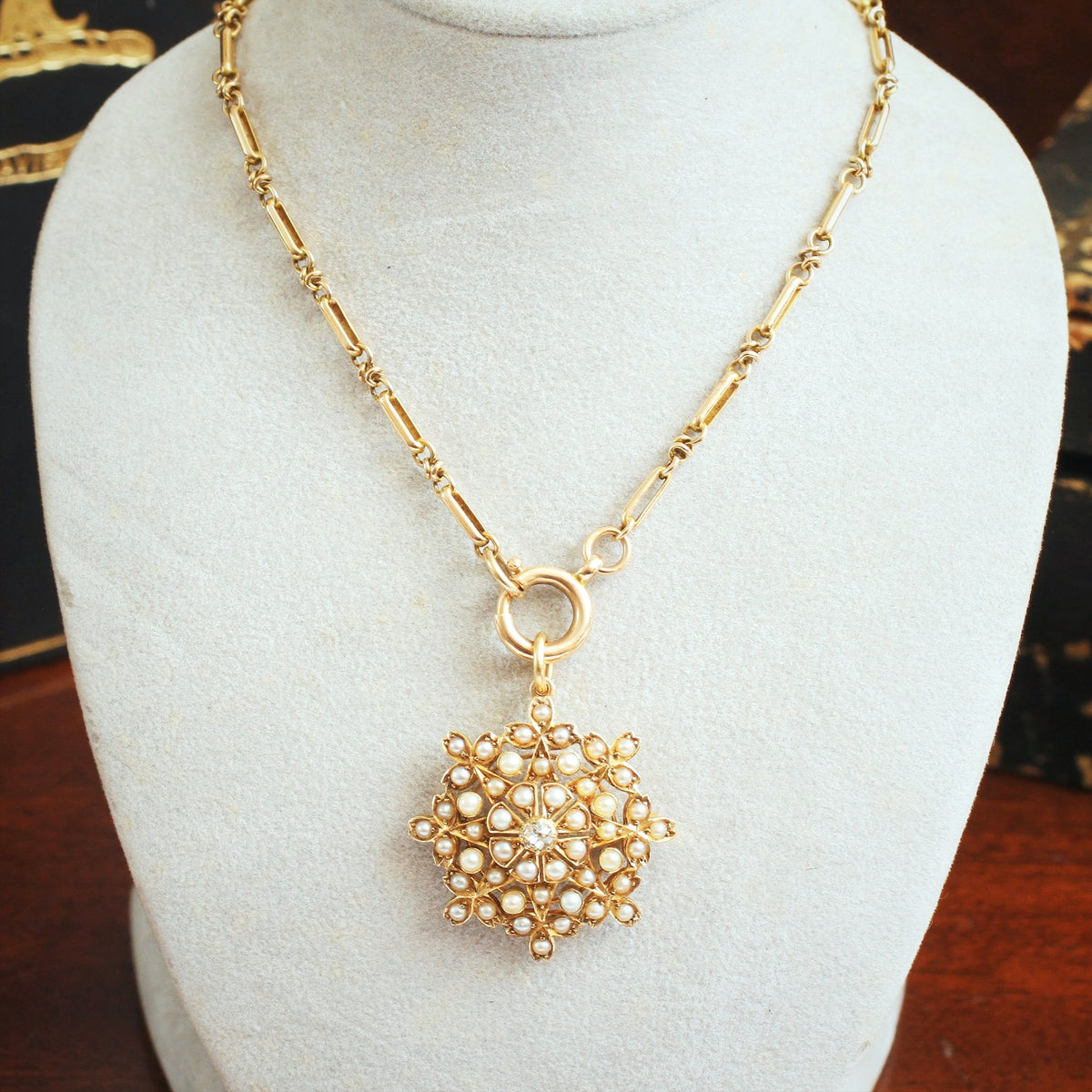 Antique 15ct Gold Seed Pearl & Diamond Pendant and Chain