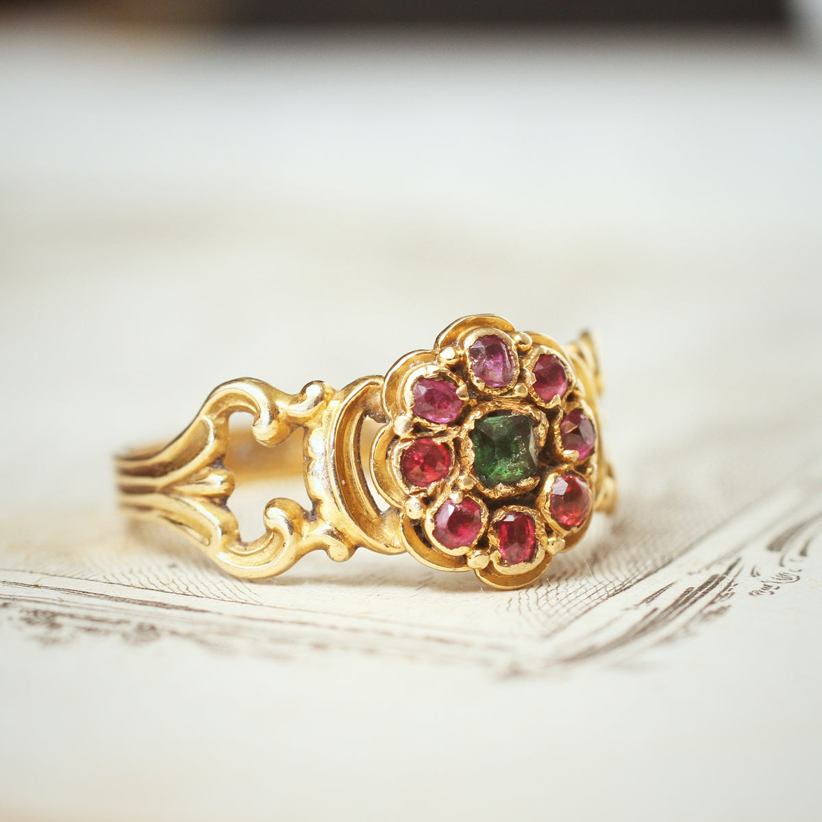 Early Victorian Ruby & Emerald Floral Cluster Ring