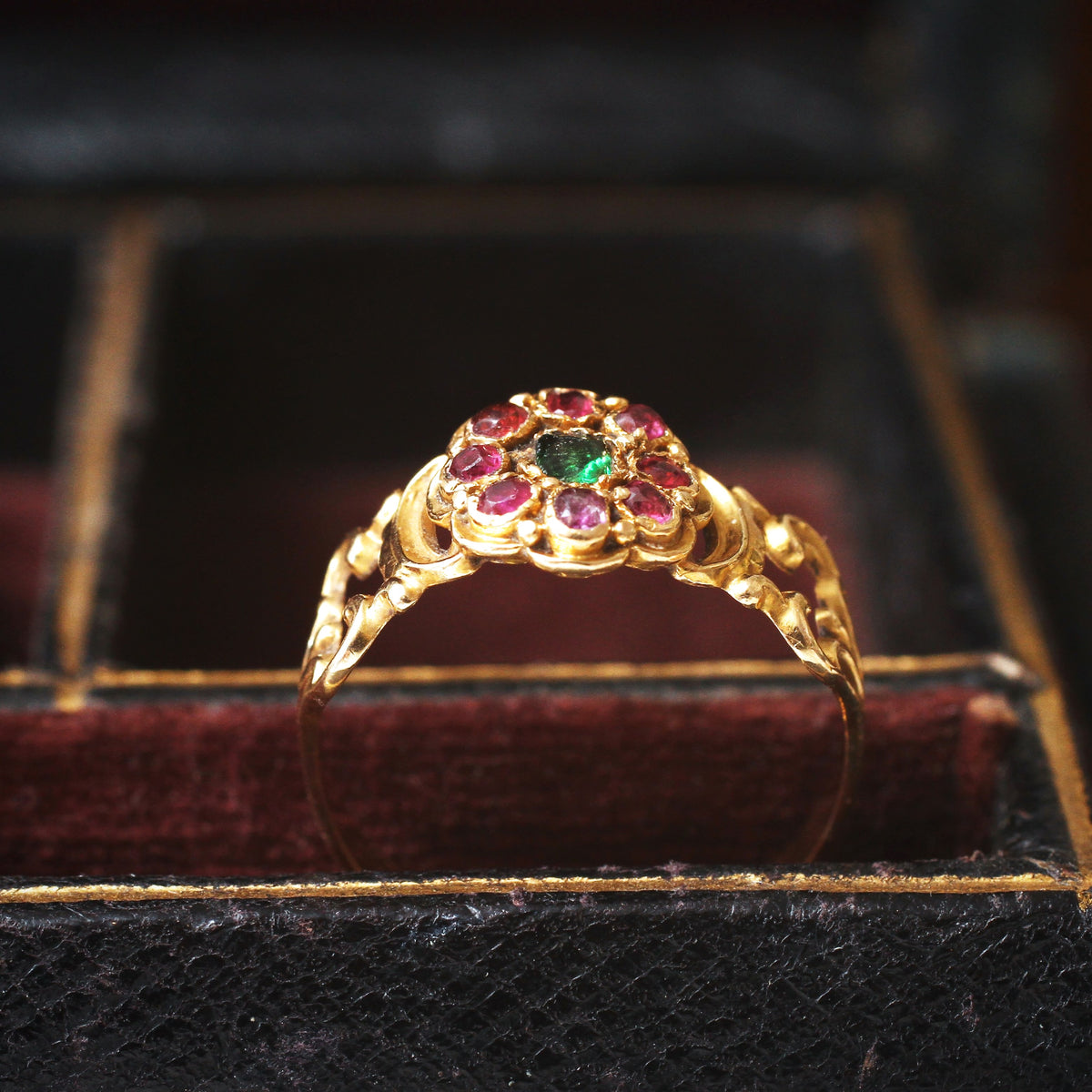 Early Victorian Ruby & Emerald Floral Cluster Ring