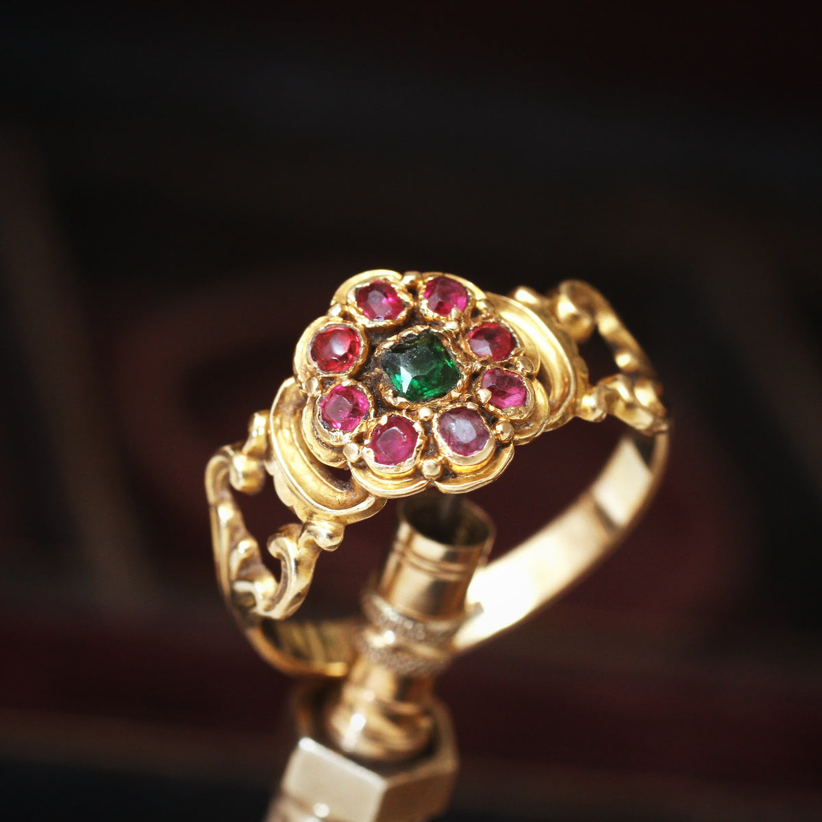 Early Victorian Ruby & Emerald Floral Cluster Ring